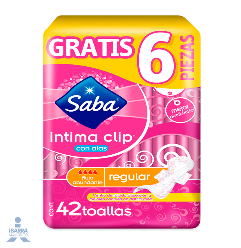 Toalla Sanitaria Saba Íntima Clip Regular con alas 42 pzas.