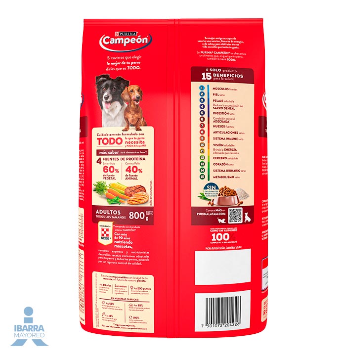 Campeón alimento seco perros adultos todos los tamaños carne y pollo 800 g