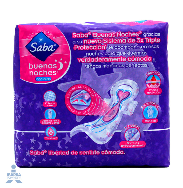 Toalla Sanitaria Saba Buenas Noches con alas 8 pzas. 