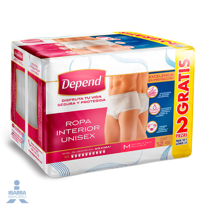 Pañal Depend Ropa Interior Unisex Mediano 10 pzas. + 2 pzas.