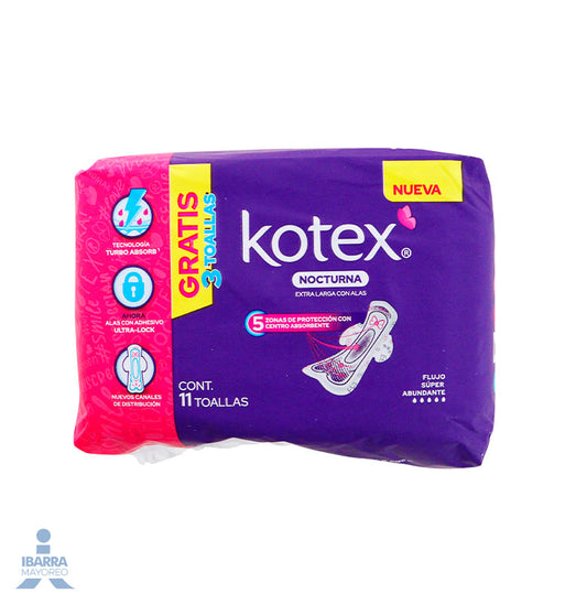 Toalla Sanitaria Kotex Nocturna con Alas 8 pzas. + 3 Gratis