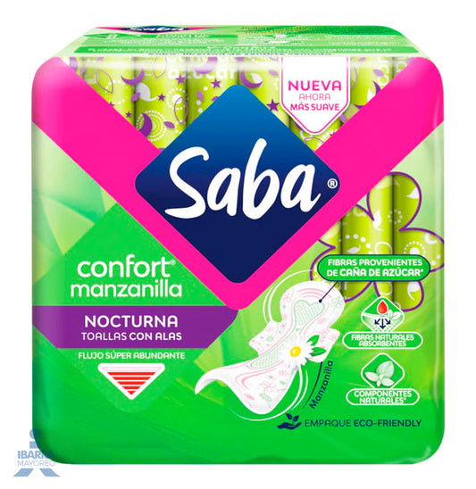 Toalla Sanitaria Saba Confort Manzanilla Nocturna con alas 8 pzas. 