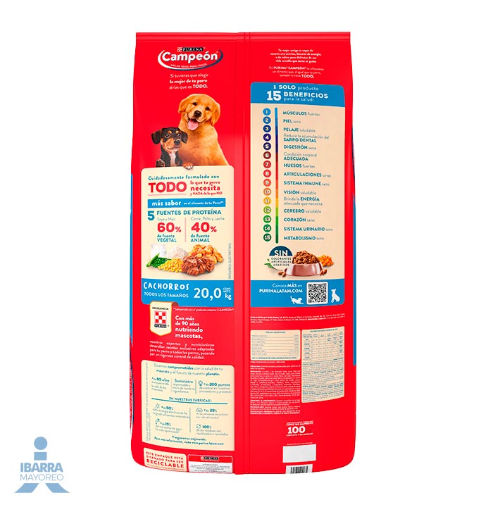 Campeón alimento seco perros cachorro todos los tamaños carne y pollo 20 kg