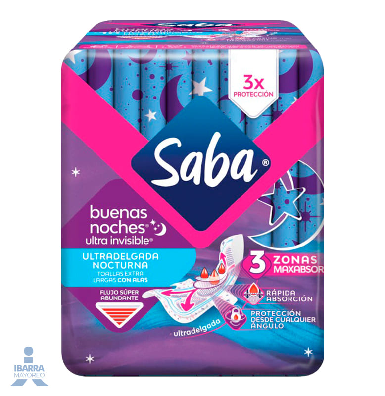Toalla Sanitaria Saba Ultra Buenas Noches con alas 10 pzas.