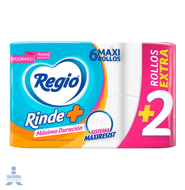 Papel Higiénico Regio Rinde Más 375 hojas 4 rollos GRATIS 2 rollos