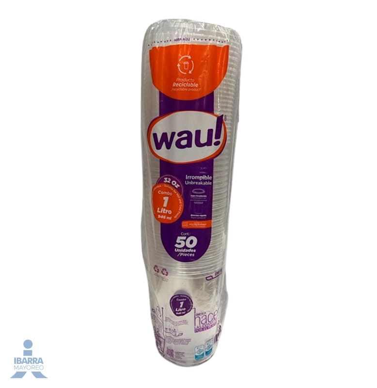 Envase Plástico Wau con tapa 32 oz 50 pzas.