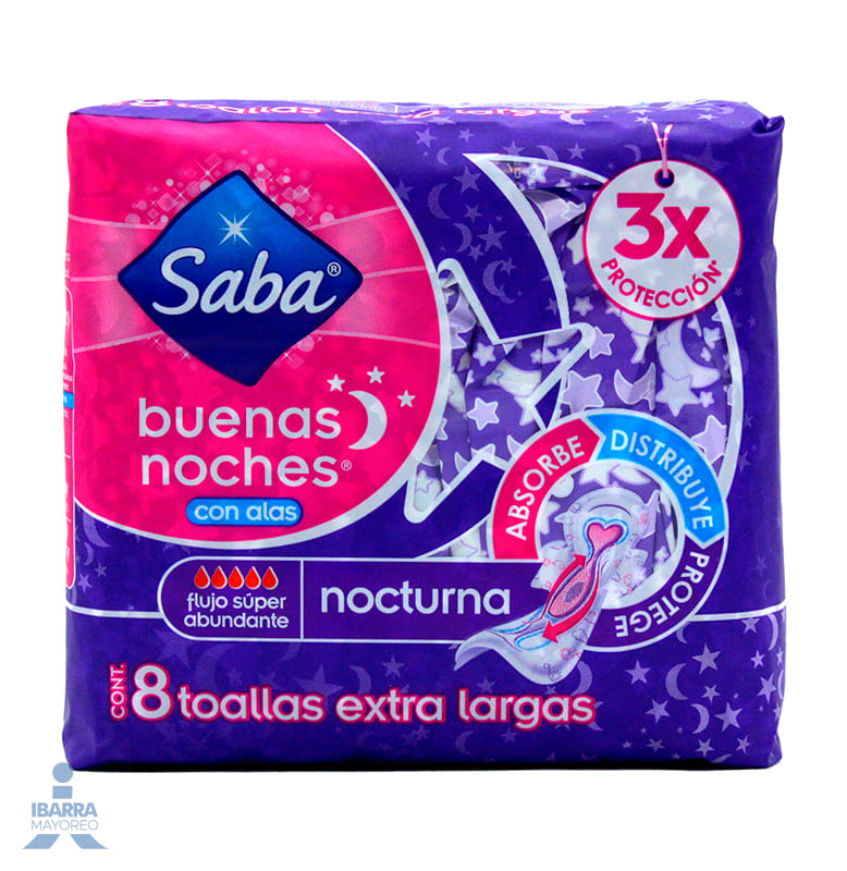 Toalla Sanitaria Saba Buenas Noches con alas 8 pzas. 
