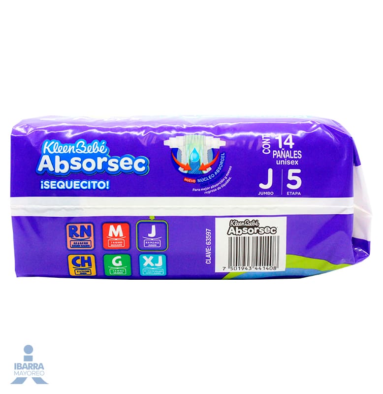 Pañal KleenBebé Absorsec Unisex Jumbo 14 pzas.