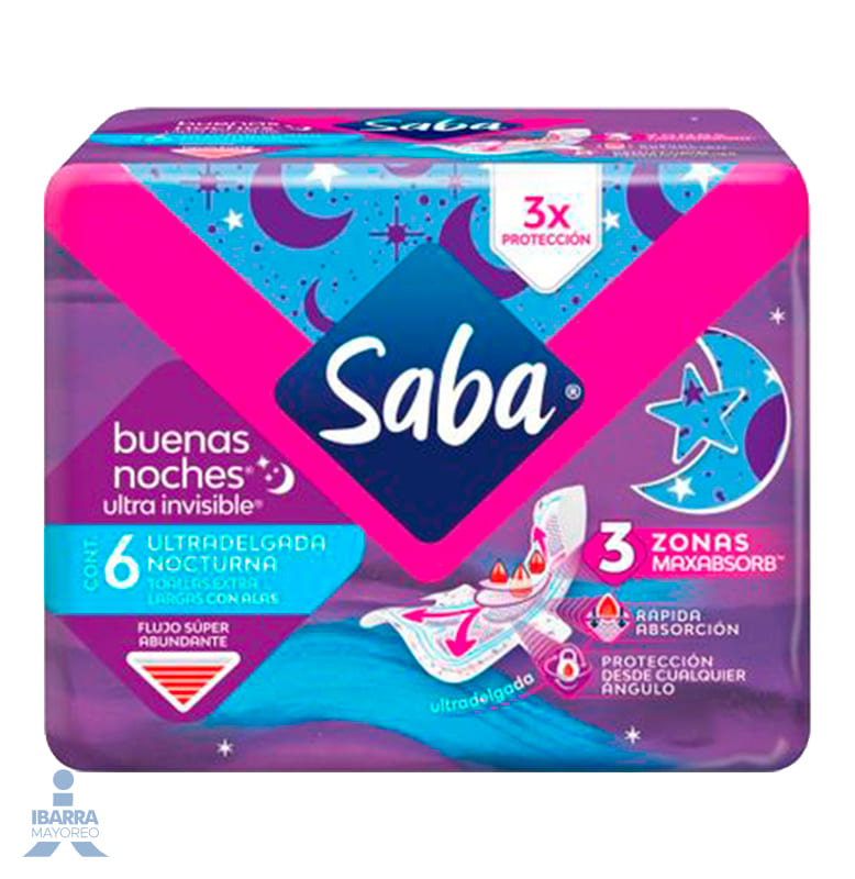 Toalla Sanitaria Saba Ultra Invisible Nocturna con alas 6 pzas.