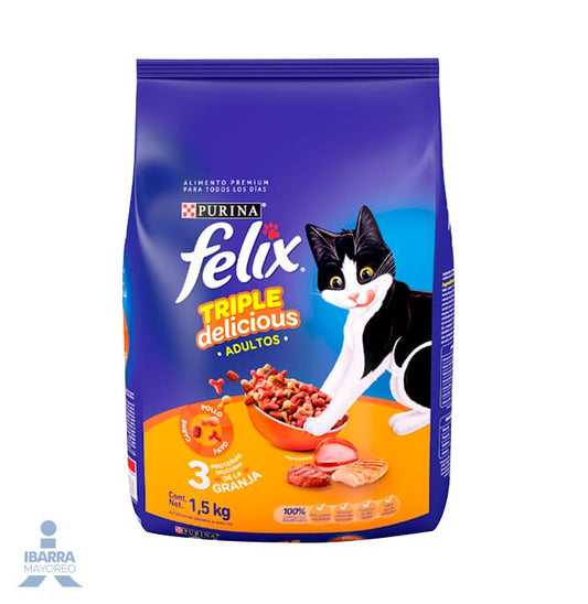 Felix Triple Delicious Granja alimento gatos adultos pollo pavo y carne 1.5 kg