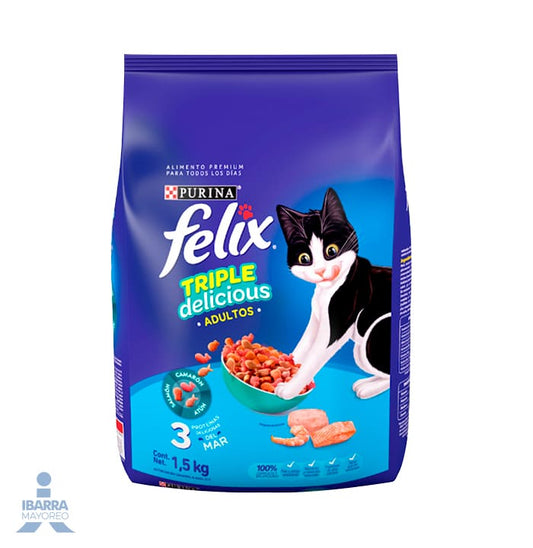 Felix Triple Delicious Mar alimento seco gatos adultos camarón salmón atún 1.5 kg
