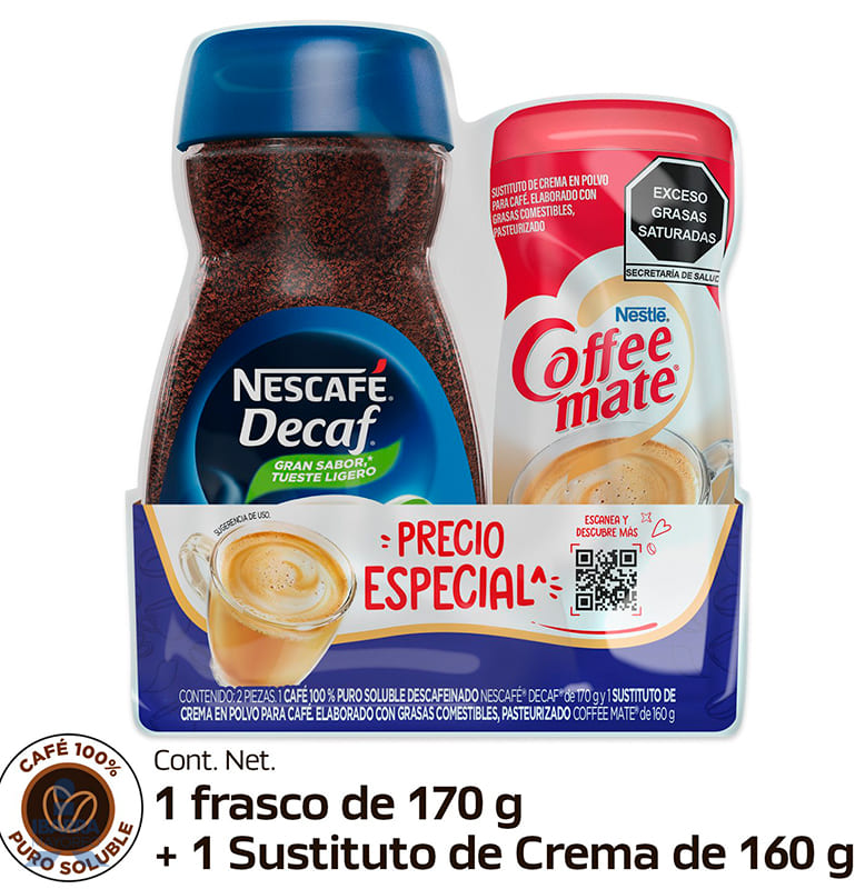 Café descafeinado soluble Nescafé Decaf frasco 170 g + Nestlé Coffee Mate 160 g