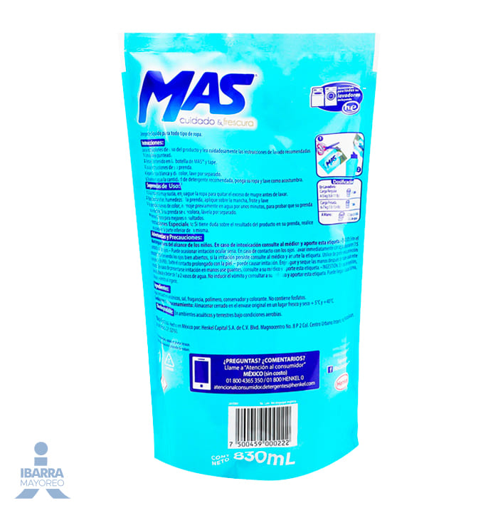 Detergente Líquido Más Cuidado & Frescura 830 ml